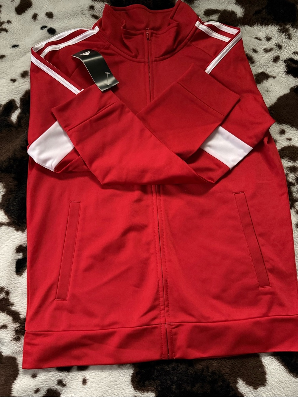 adidas Boy Red Zip-Up Track Jacket with White Stripe Accents - Picture 2 of 5